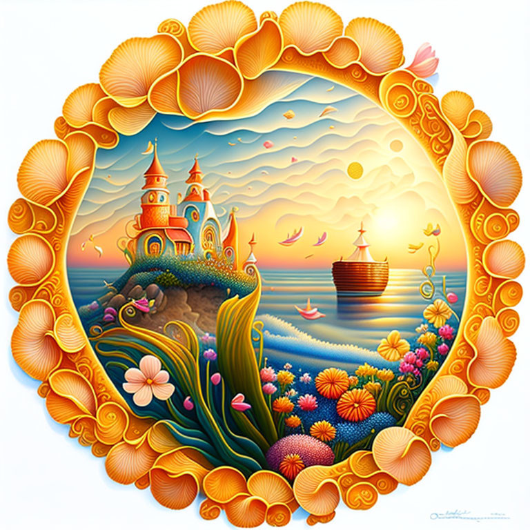 Circular seascape artwork with castle, sailboats, sun setting, and golden seashell frame