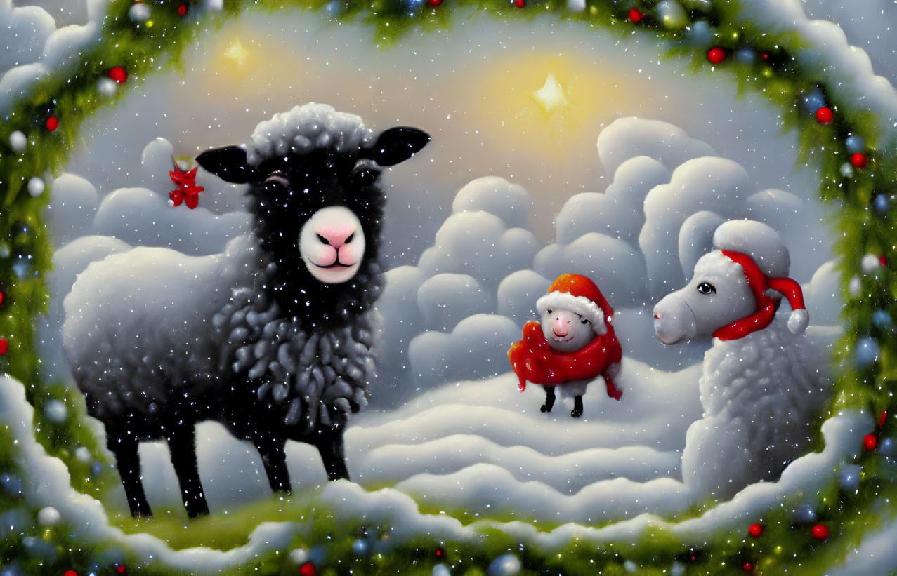 Cartoon sheep in festive attire in snowy landscape with holly leaves and starry sky