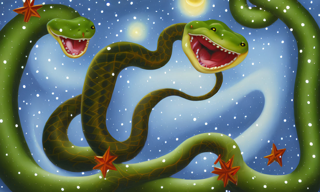 Illustration of two green serpentine creatures under starry night sky