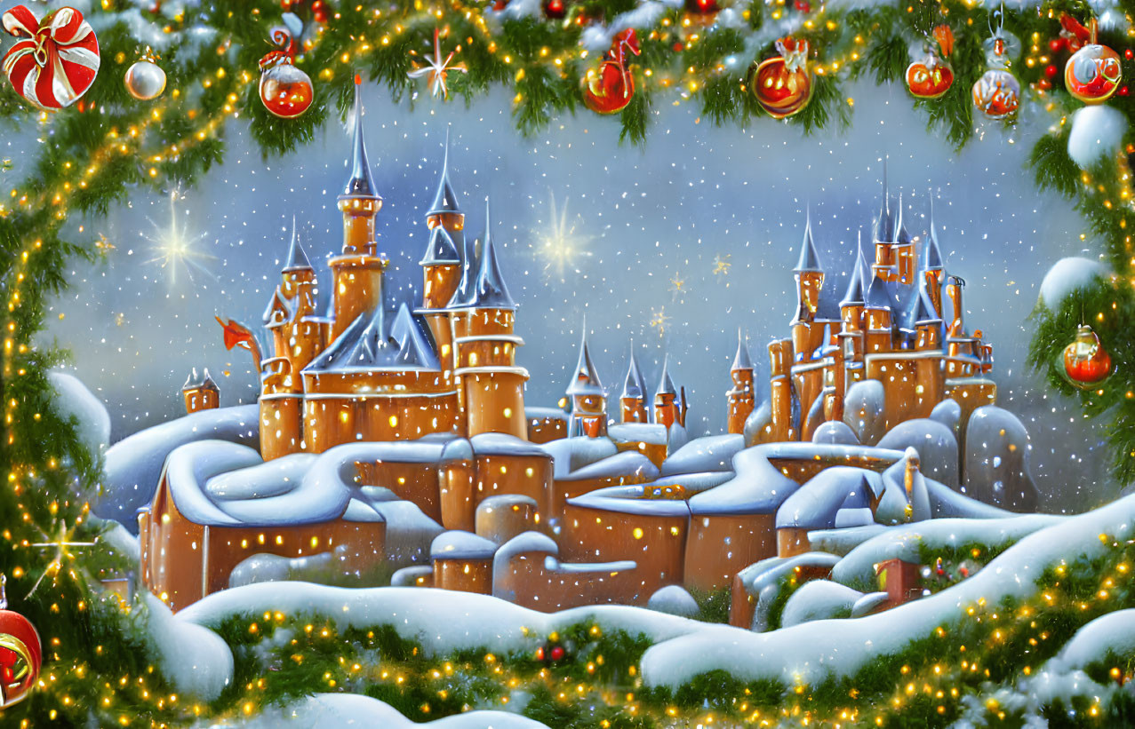 Snow-covered castle and pine trees in festive scene with Christmas decorations.