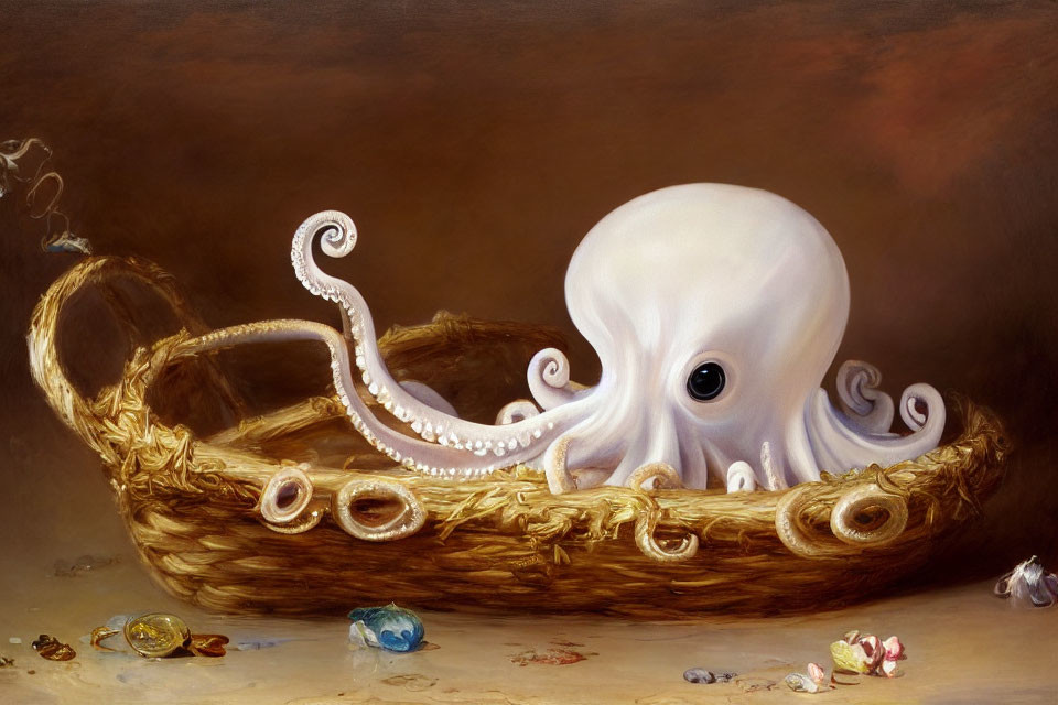 Surreal painting: Baby octopus in basket with sweets