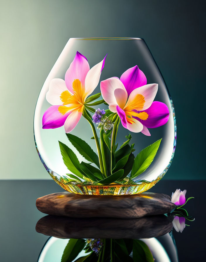 Pink and Yellow Flowers in Transparent Vase on Wooden Base