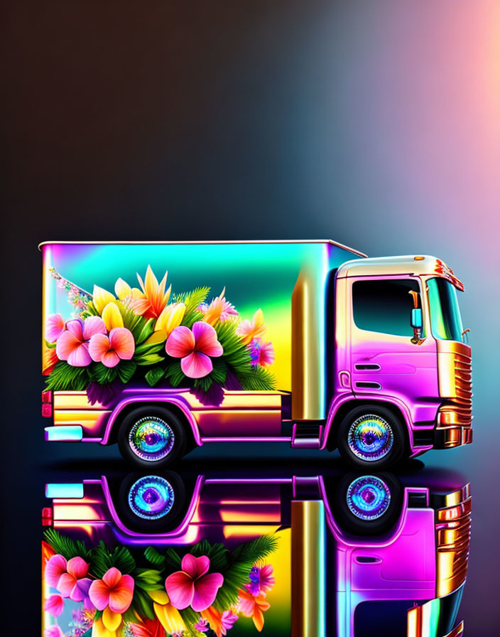 Colorful Neon Truck with Floral Patterns on Glossy Surface