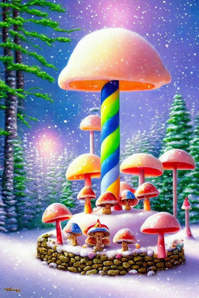 Colorful Mushroom Carousel in Snowy Landscape with Evergreen Trees