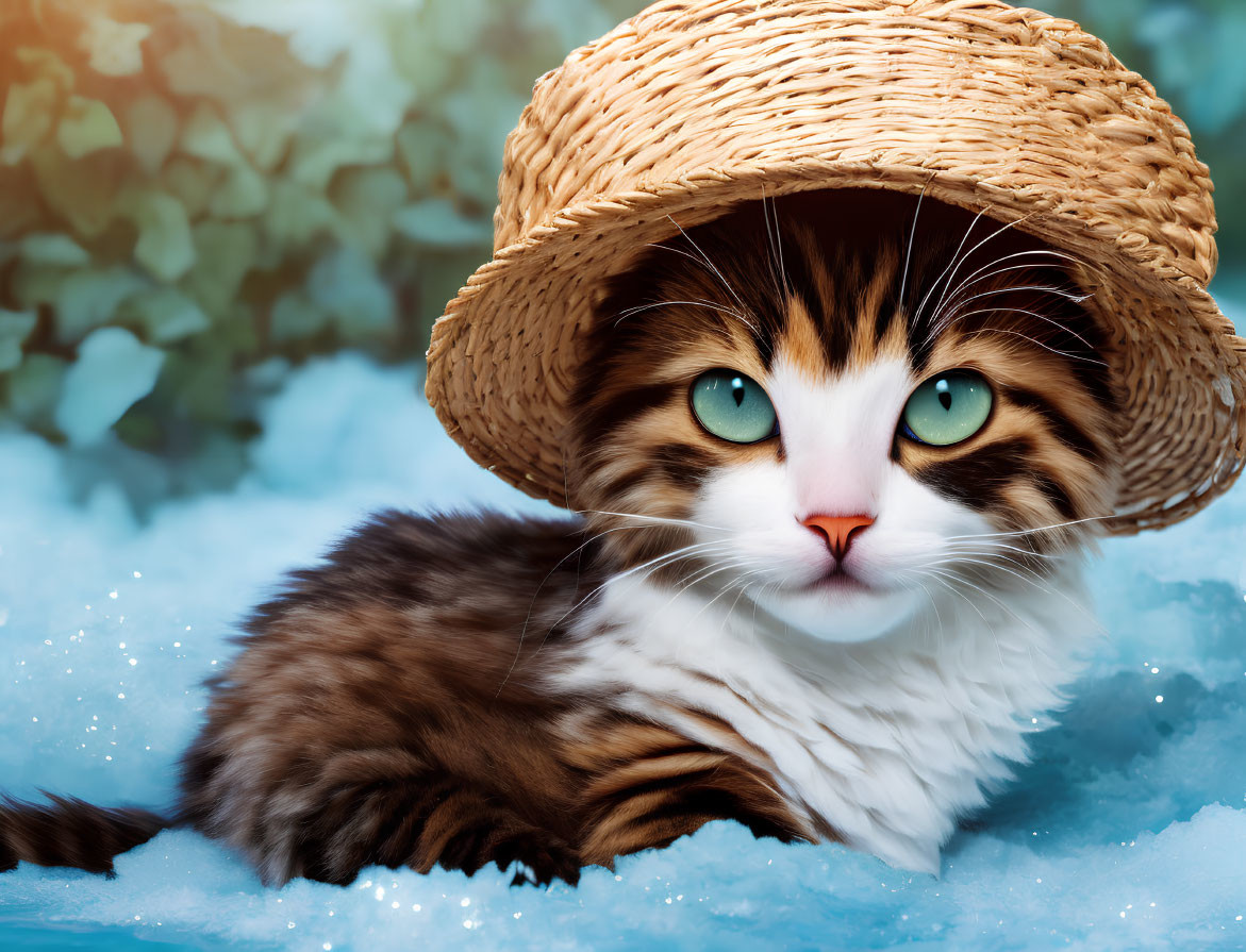 Fluffy Brown and White Cat in Straw Hat on Blue Surface with Greenery