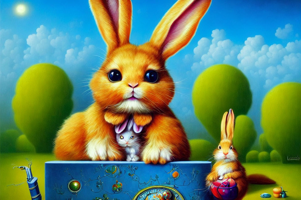 Colorful illustration of large and small bunnies with exaggerated features in nature scene