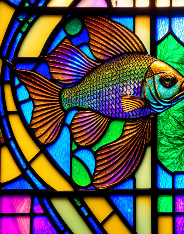 Colorful Fish Stained Glass Window with Mosaic Background