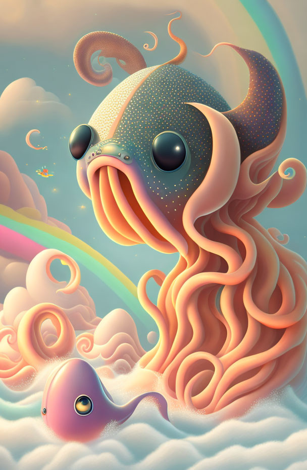 Colorful Illustration: Large Cute Octopus-Like Creature with Rainbows