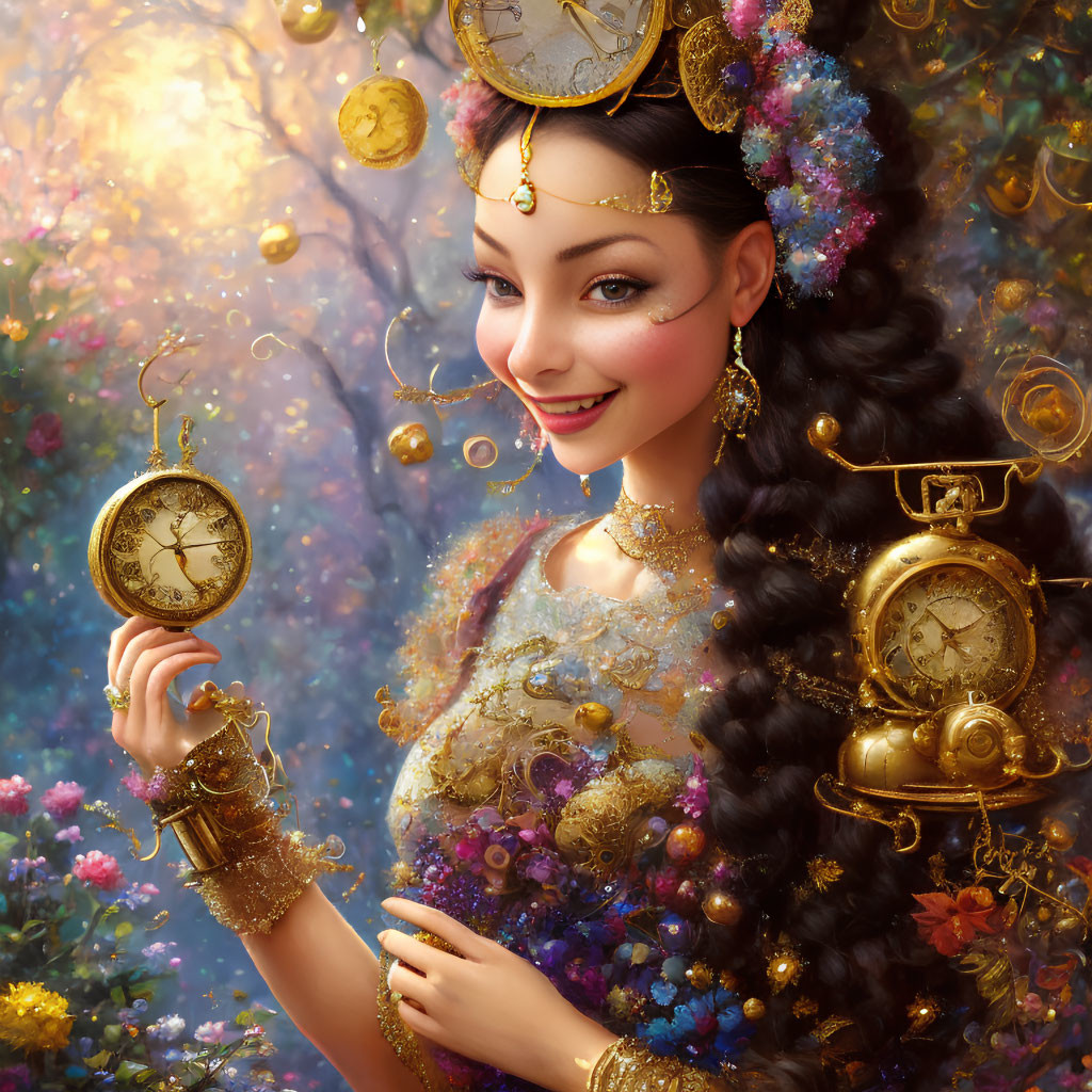 Colorful attire woman with clock parts in hair holding pocket watch surrounded by gears and flowers