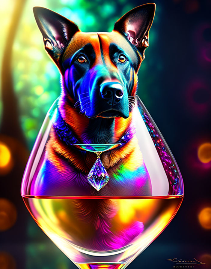 Colorful Dog Resting in Wine Glass with Jewel Pendant