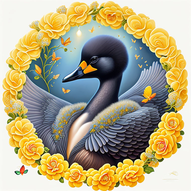 Illustration of black swan, yellow roses, butterflies, and fireflies in circular frame