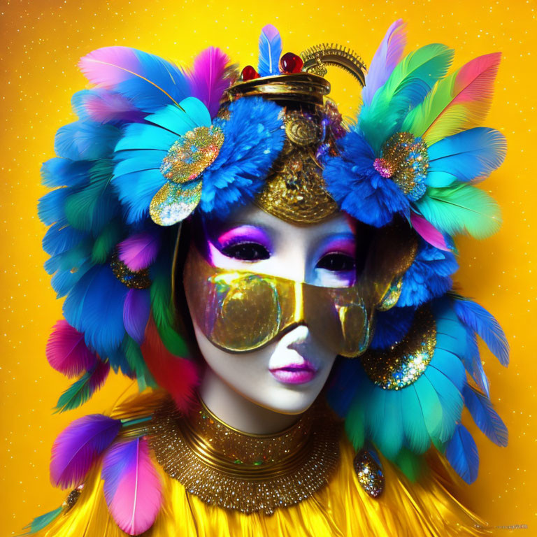 Colorful feather headpiece and gold mask on person against yellow backdrop