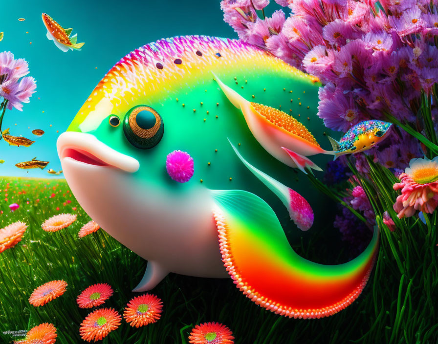 Colorful Cartoon Fish Illustration Surrounded by Flowers and Butterflies