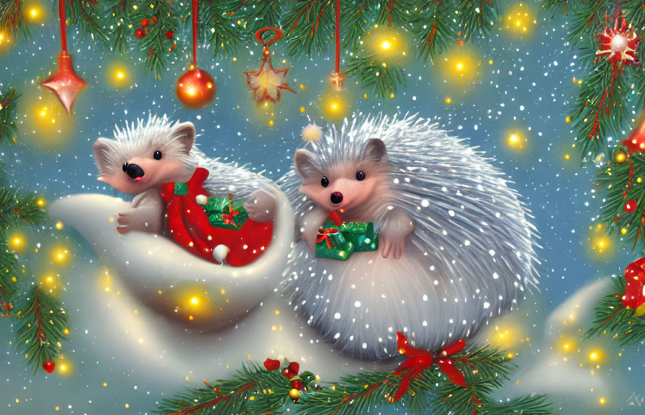 Festive hedgehogs in Christmas scene with sock, gift, snowflakes, and pine