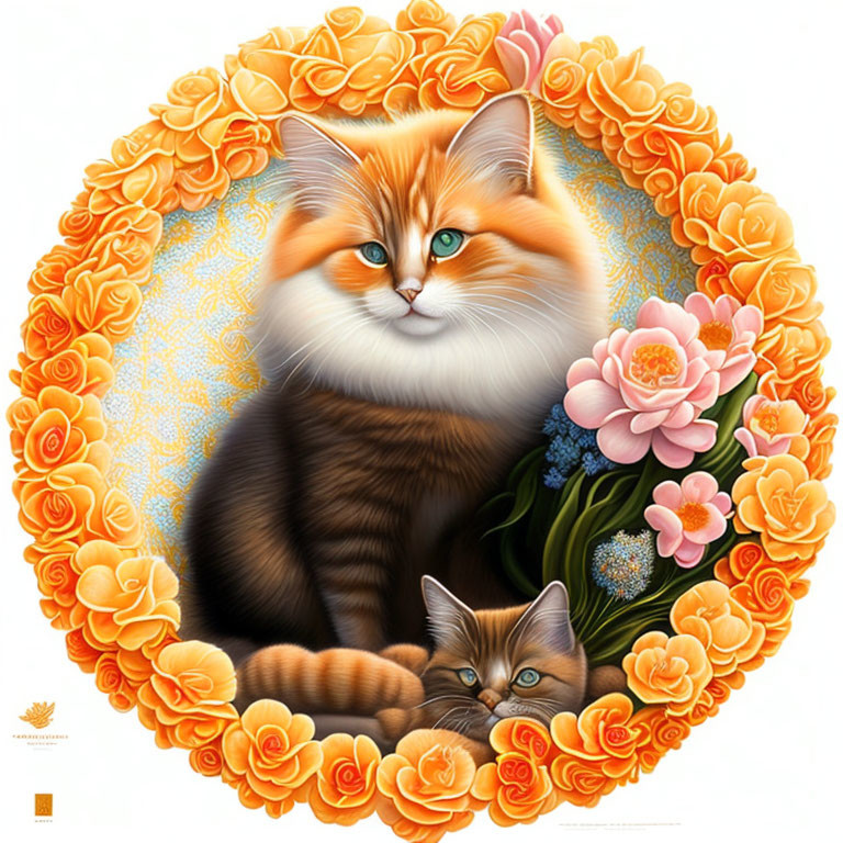 Illustration of two cats surrounded by orange roses