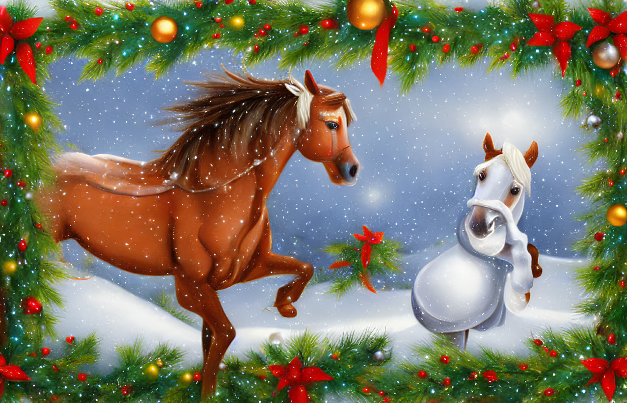 Brown and snow horses with Christmas decorations in festive scene