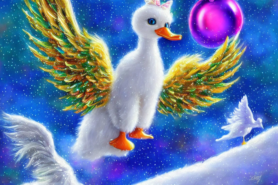 Illustration of white duckling with golden wings and pink crown flying with smaller bird in starry sky