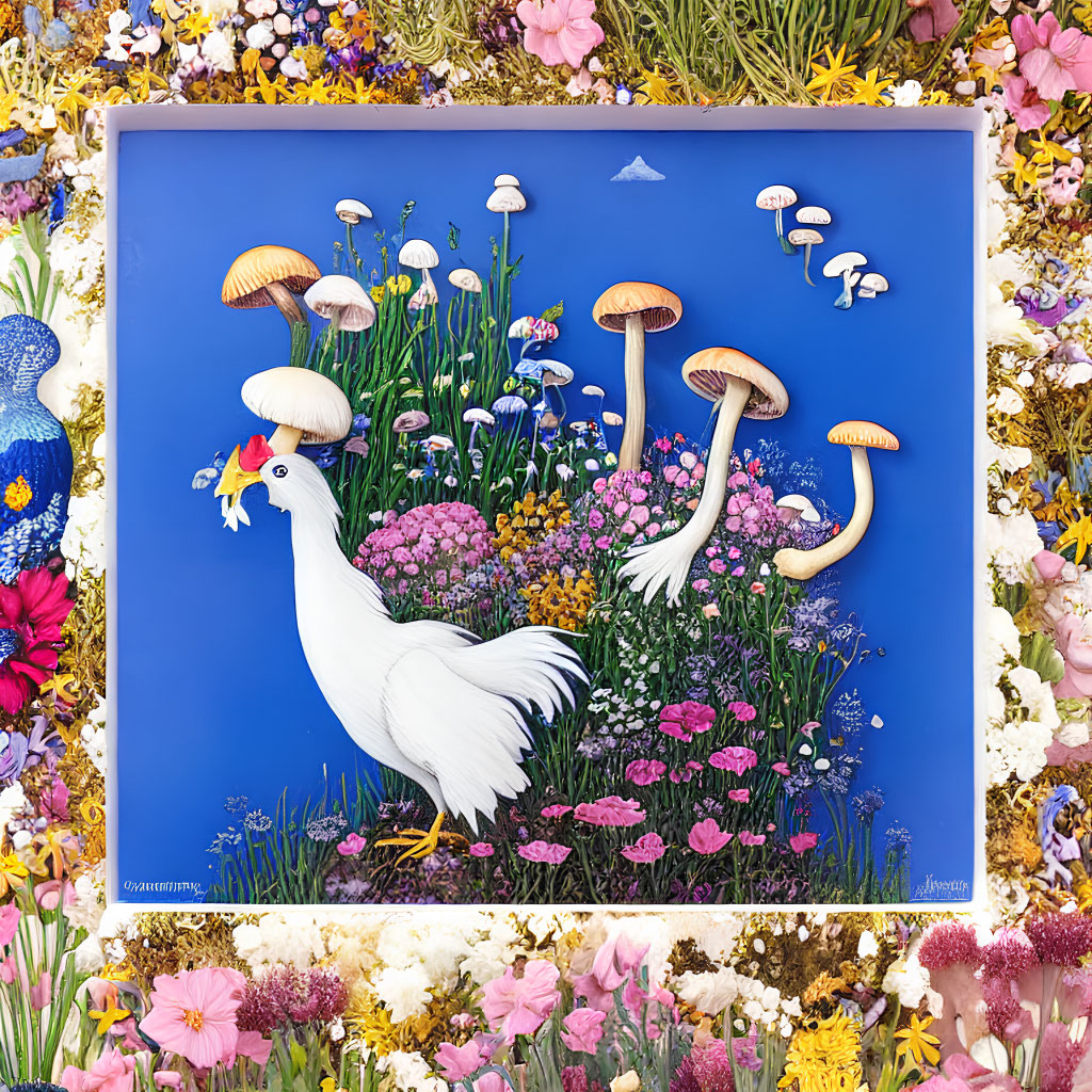 Colorful Artwork: White Peacock, Flowers, Mushrooms, Blue Background