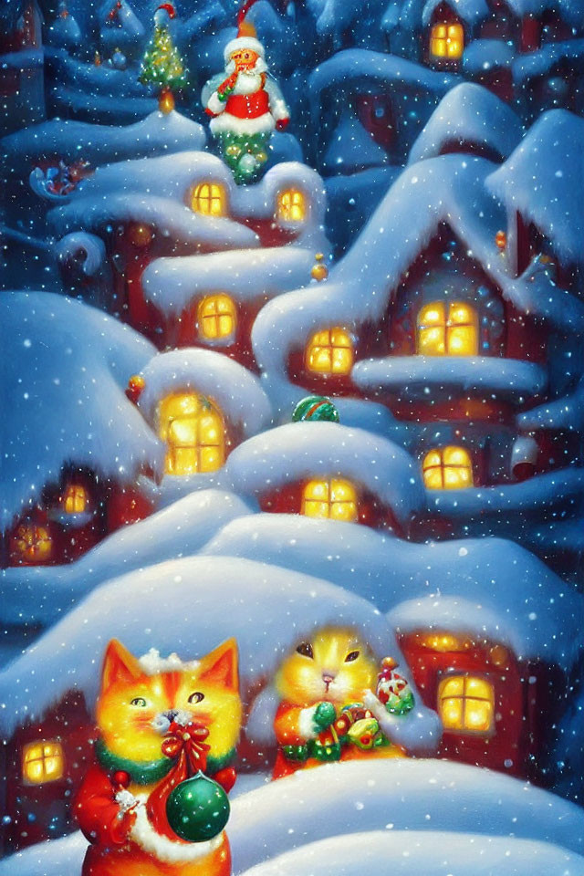 Whimsical winter scene with anthropomorphic cats and Santa figure in snow-covered village