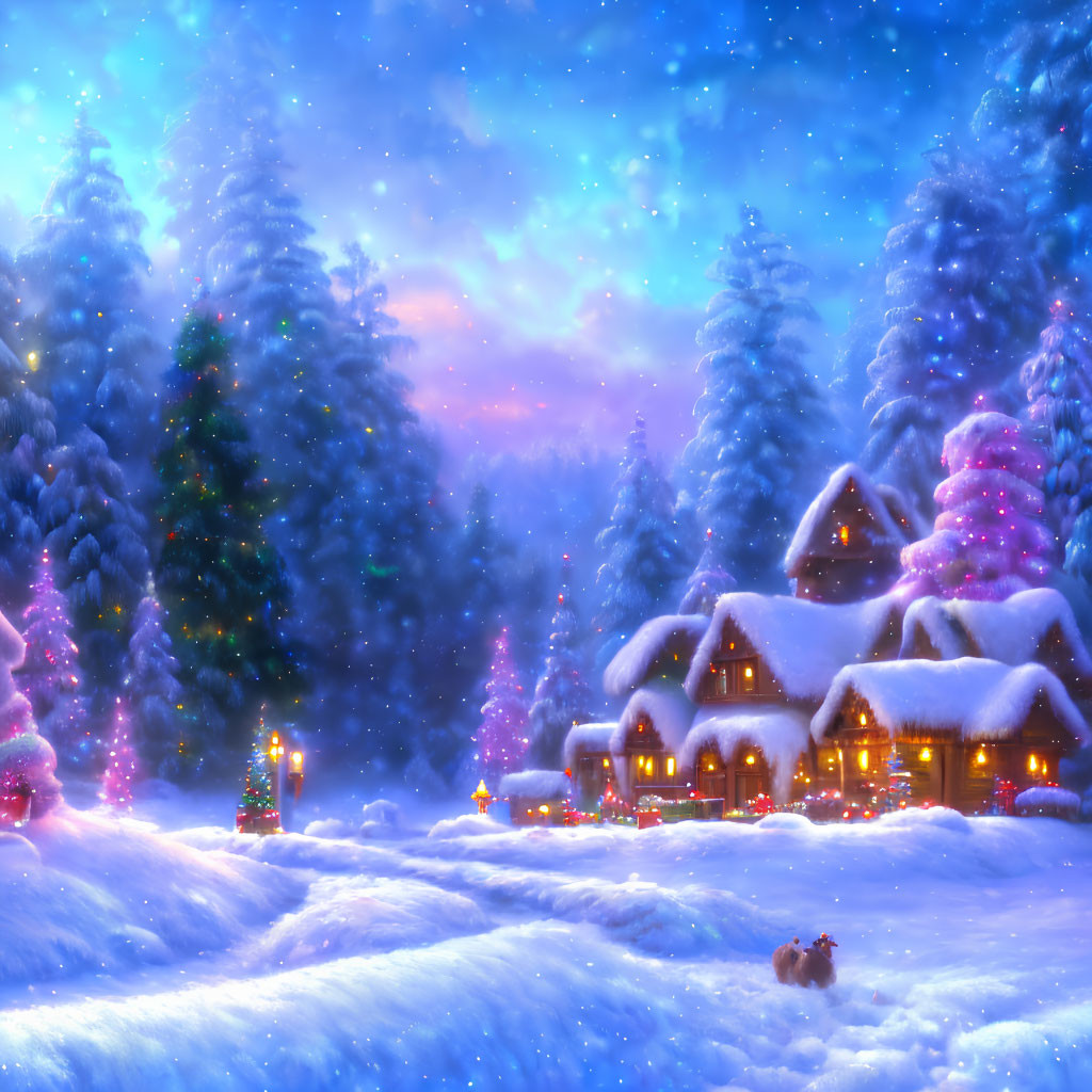 Snowy Village Scene with Illuminated Houses and Christmas Trees at Twilight