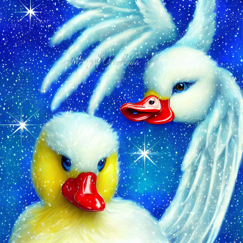 Colorful Cartoon Ducks Artwork on Starry Blue Background