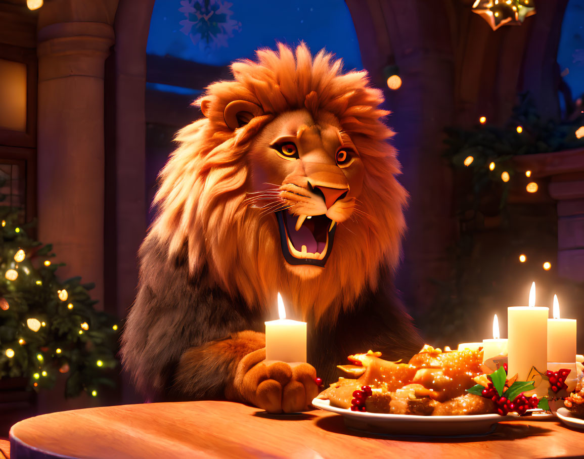 Festive Table with Animated Lion and Lit Candles