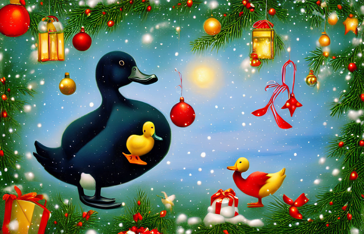 Ducks Holiday Decorations Snowy Background