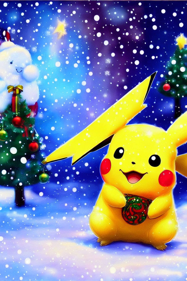 Festive Pikachu with Christmas ornament in snowy scene