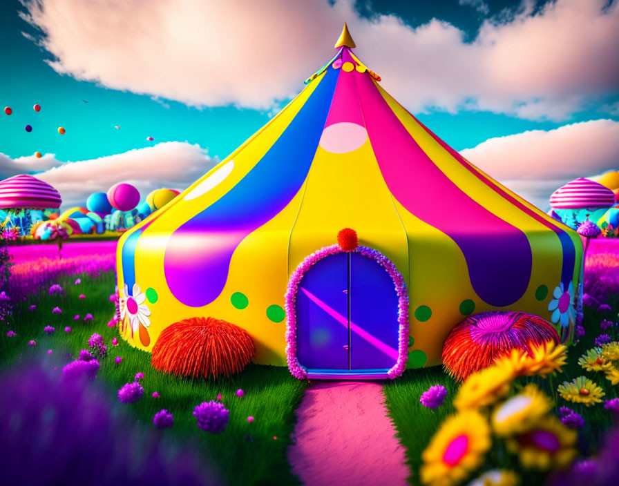 Colorful Circus Tent in Whimsical Landscape with Balloons & Flowers