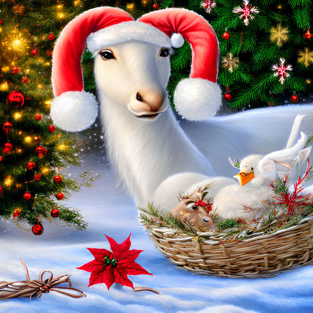 Festive goat in Santa hat with duck, guinea pig, mouse, poinsettia