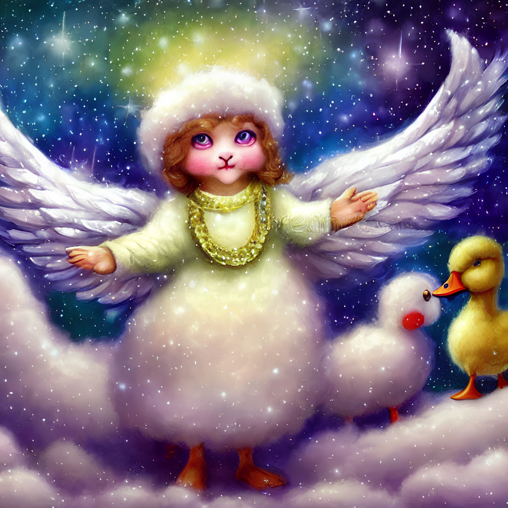 Illustration of angelic figure with white attire, golden adornments, wings, purple eyes, and