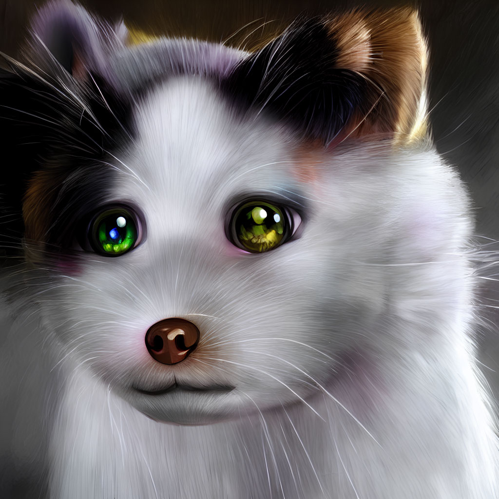 Illustrated tricolor cat with vibrant green eyes and soft fur