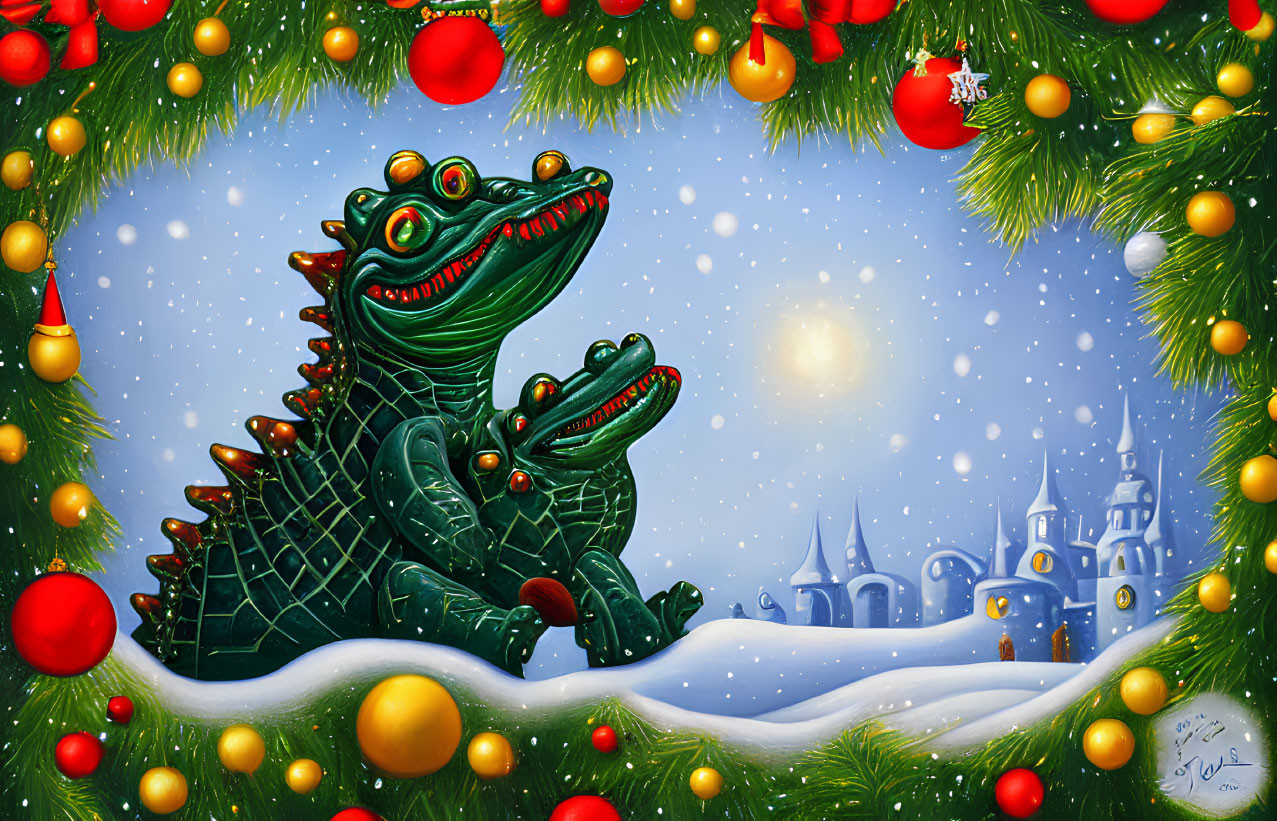 Cartoon Crocodiles in Santa Hats with Festive Pine Frame