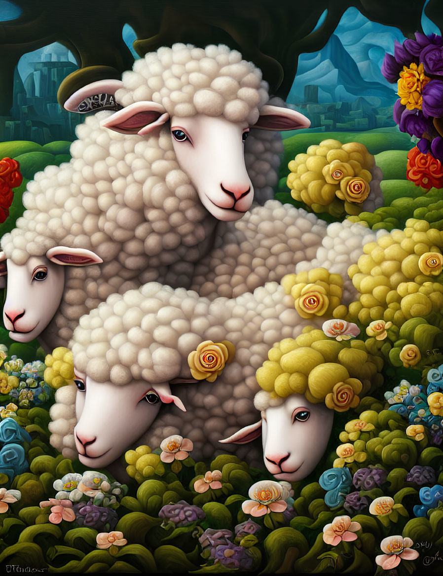 Whimsical painting of four sheep in floral wool amidst a vibrant garden