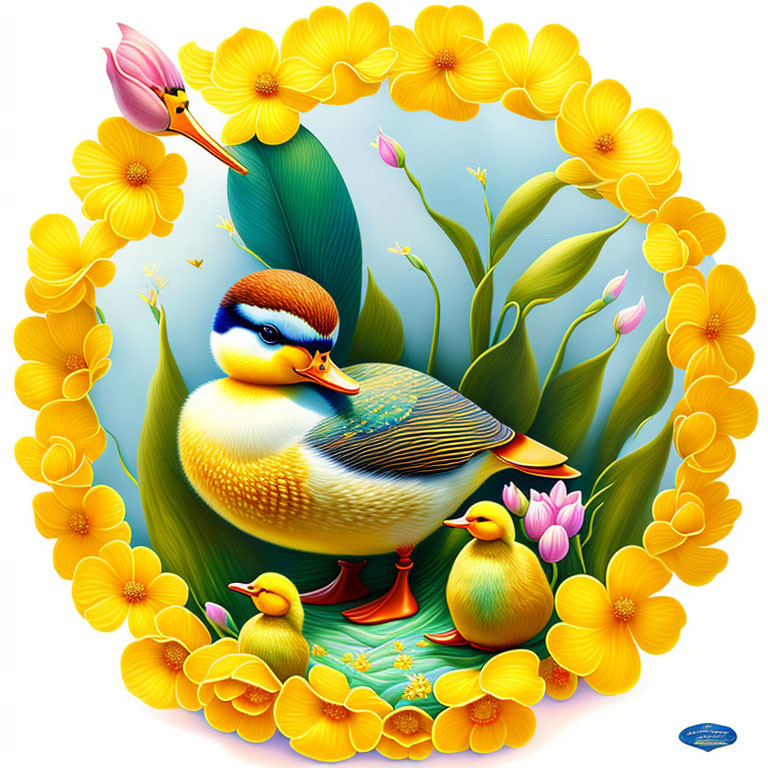 Colorful Family of Ducks Surrounded by Flowers and Foliage