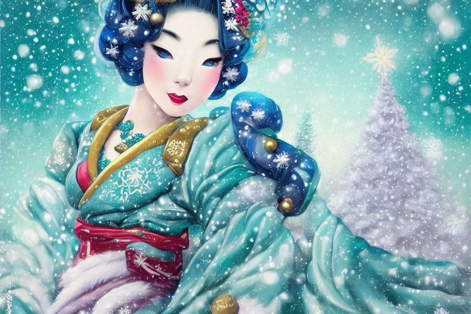 Illustration of Geisha in Vibrant Kimono in Snowfall