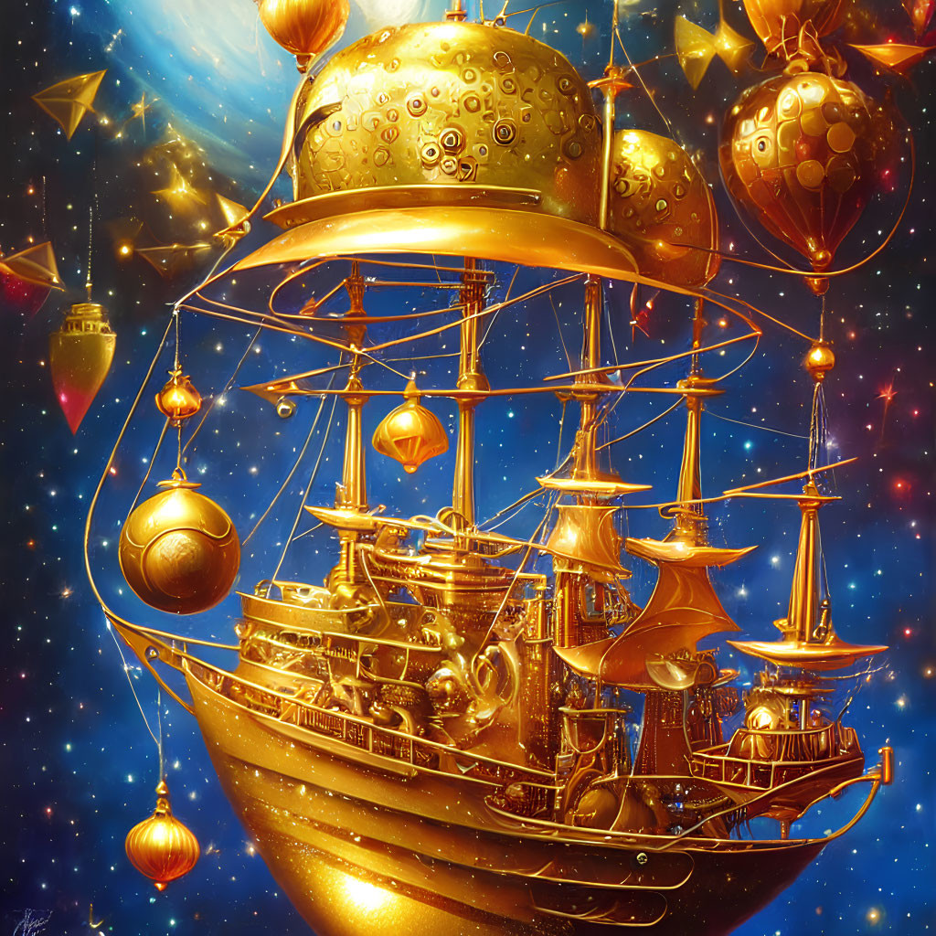 Golden ship with ornaments in cosmic scene.