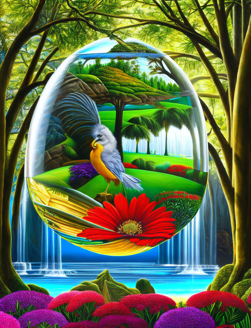 Colorful bird perched on vibrant flora in nature scene encapsulated in droplet