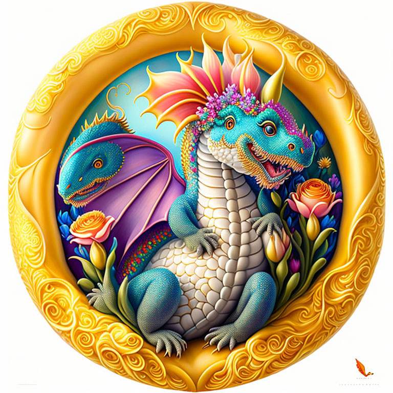 Colorful Two-Headed Dragon Illustration in Ornate Golden Border