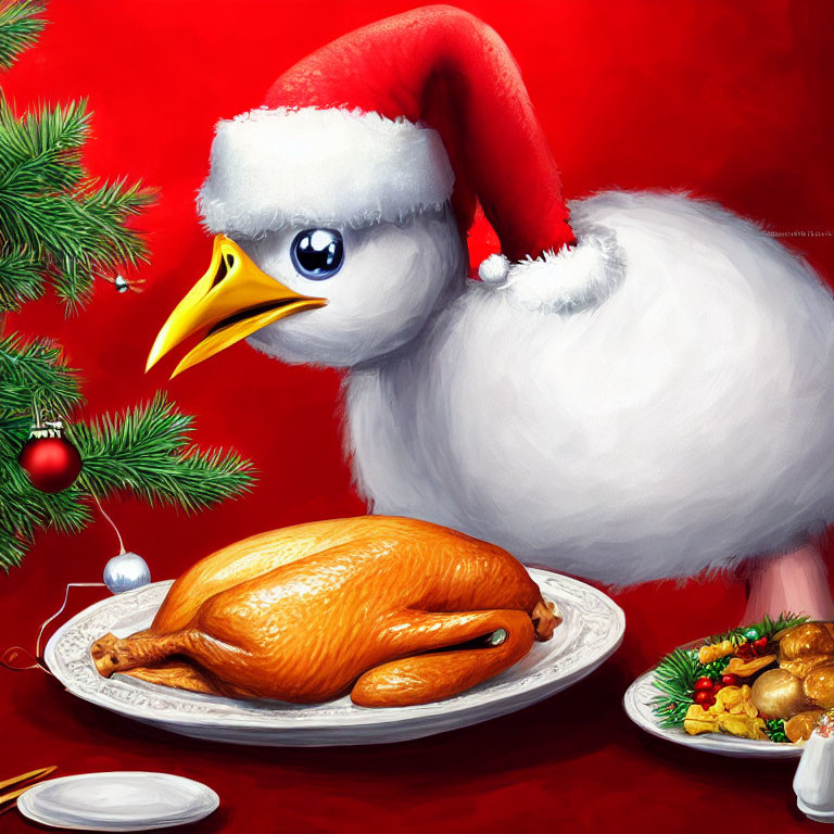 White Bird in Santa Hat Eyeing Roasted Turkey on Festive Christmas Table