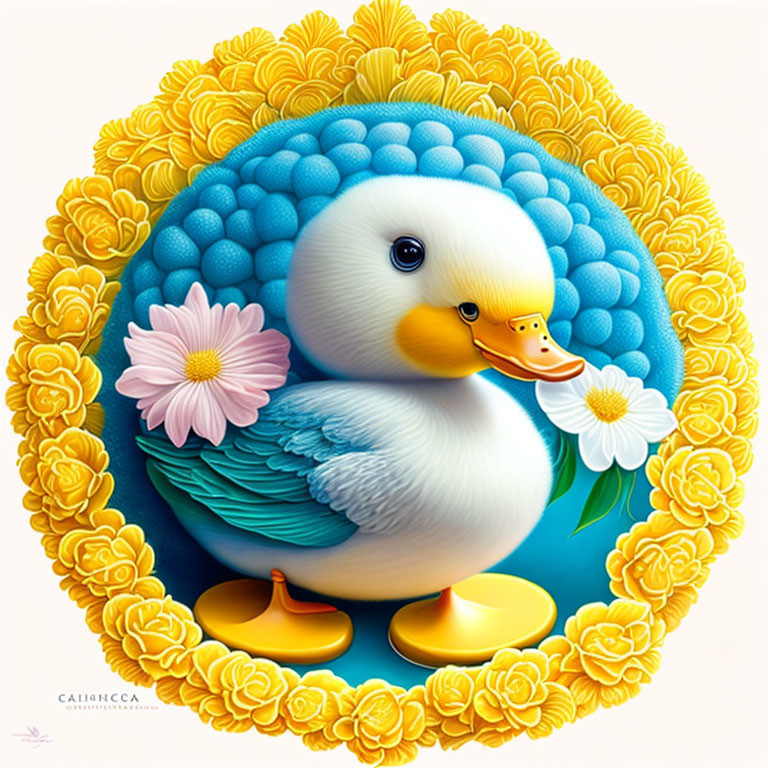 Colorful Duck Illustration Surrounded by Flower Patterns