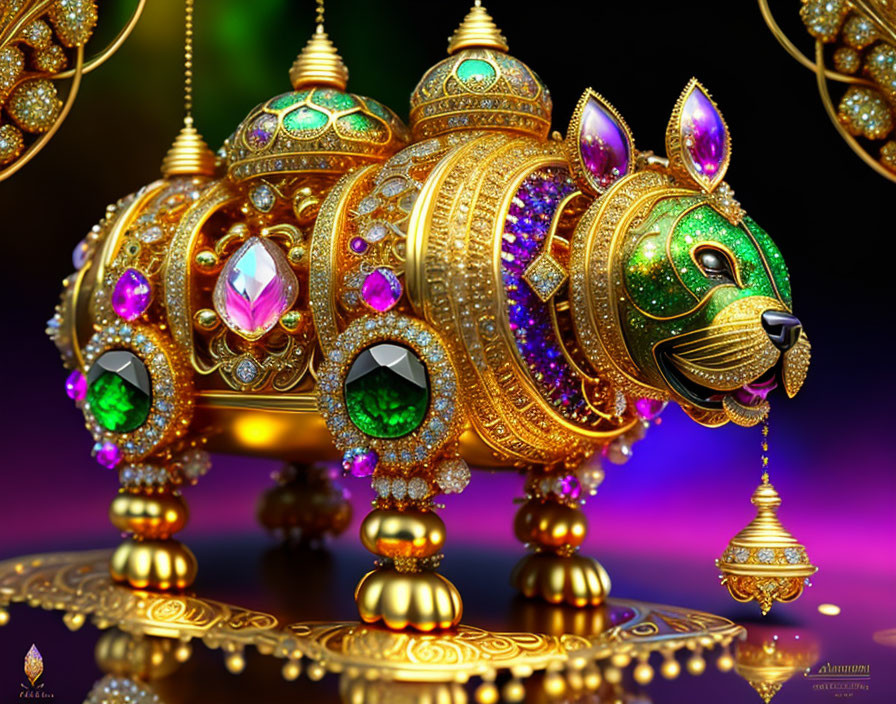 Digital artwork: Golden jewel-encrusted cat-shaped carriage with emerald eyes