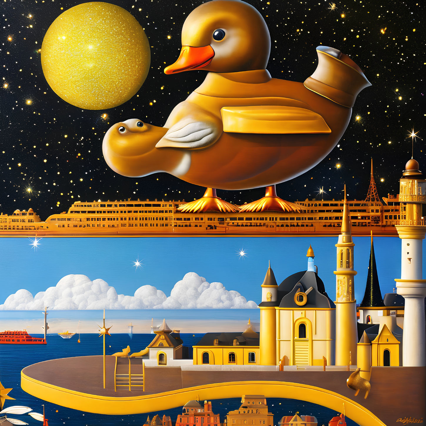 Giant rubber ducks in whimsical coastal cityscape with starry sky