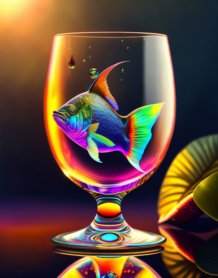 Colorful fish swimming in glass with frozen droplet, dark background & warm lighting