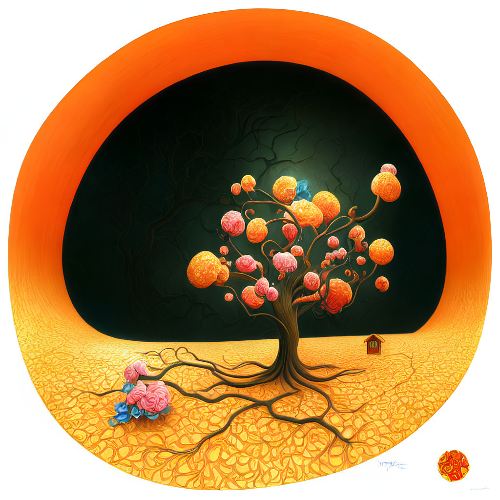 Colorful tree illustration in orange circle on black background with intricate roots