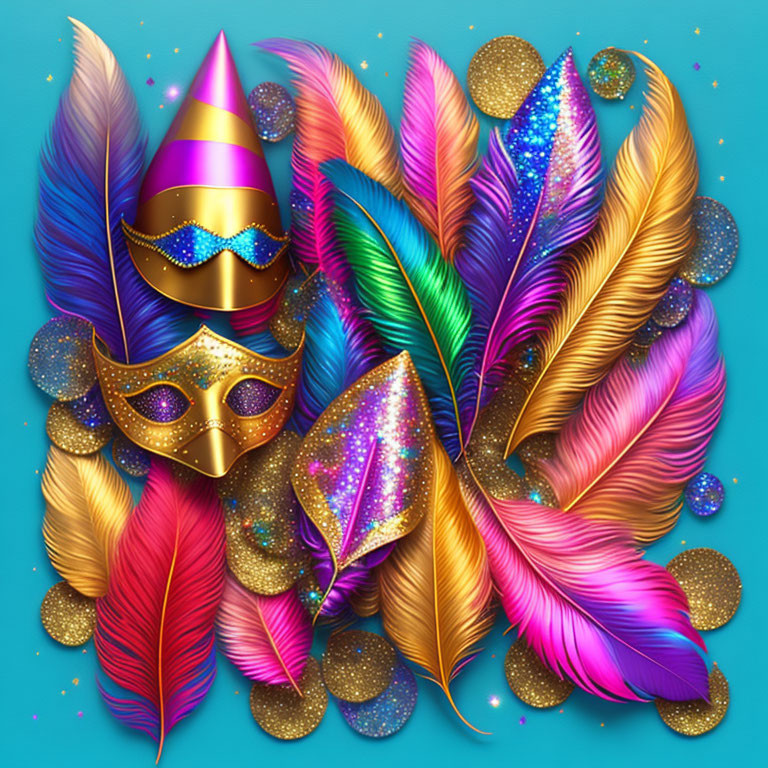 Colorful Mardi Gras Themed Image with Masquerade Mask and Feathers