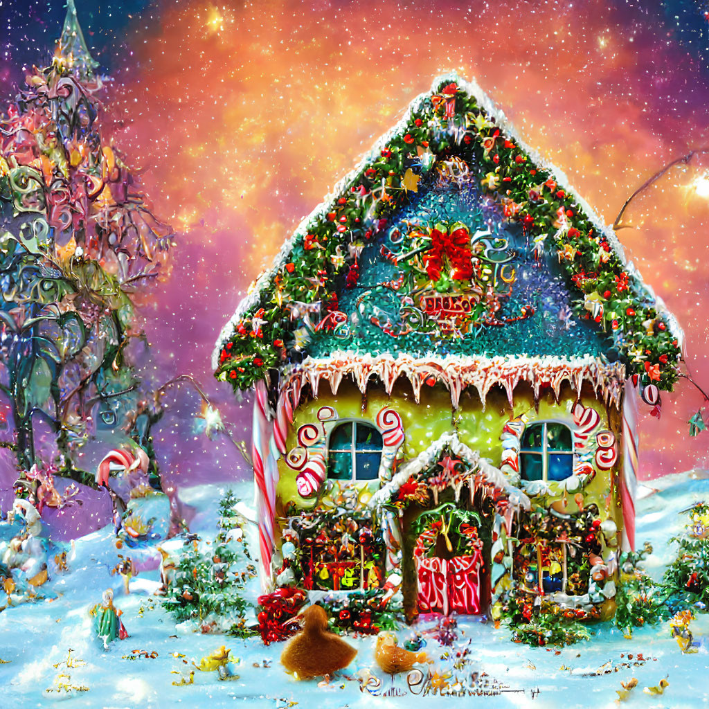 Colorful Christmas gingerbread house in snowy twilight scene