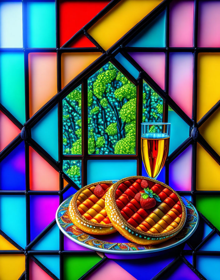 Colorful stained glass window with wine glass and pastries