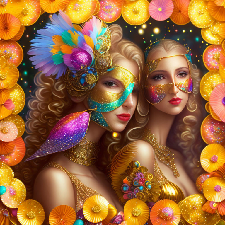 Two Women in Golden Masquerade Masks with Colorful Flowers and Feathers