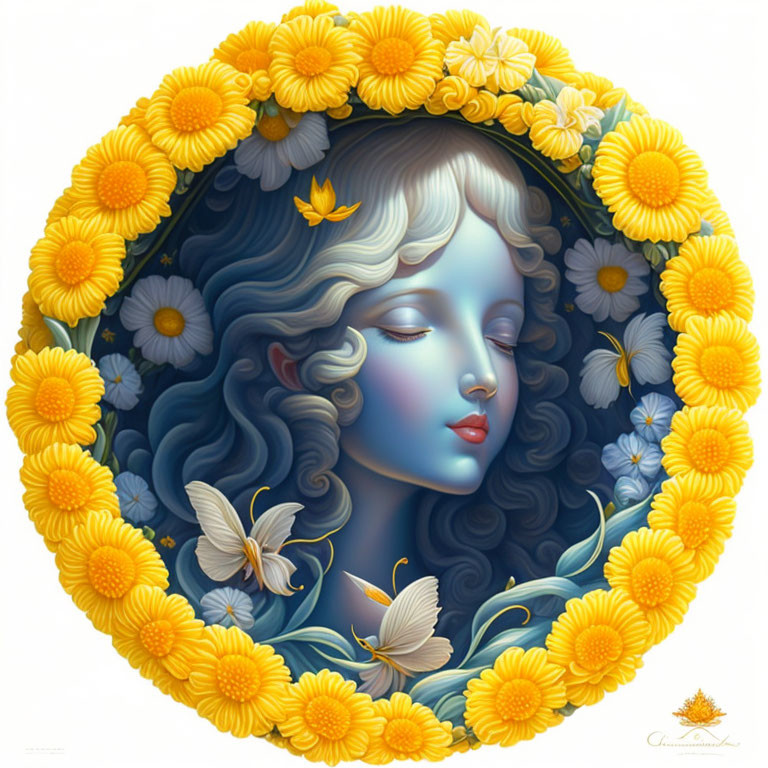 Woman's Face Surrounded by Yellow Flowers and Blue Foliage